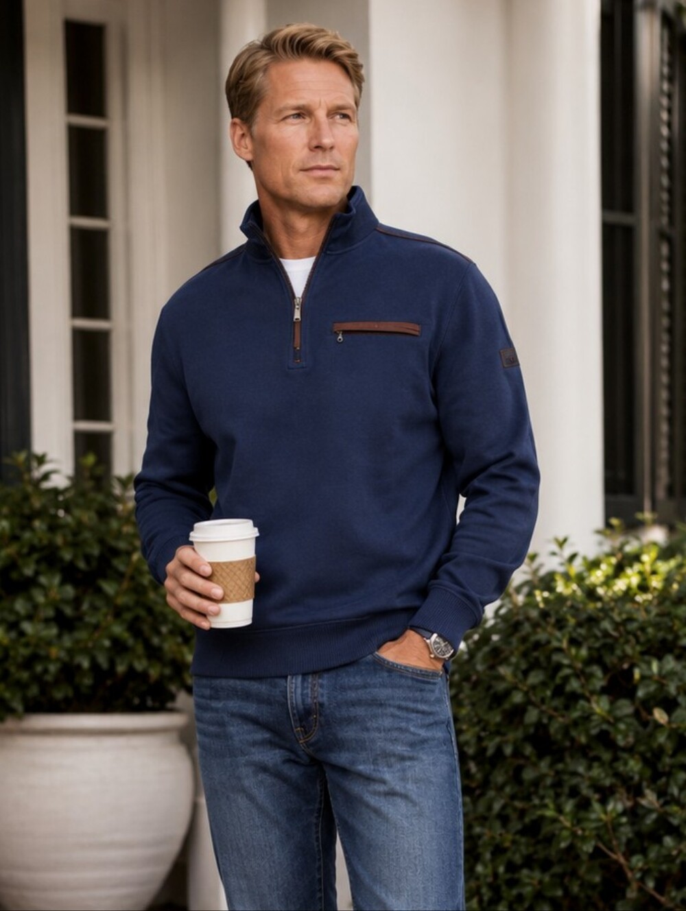 Bugatti Regular Fit Quarter Zip Pullover Sweatshirt Preppy Casual Men's L